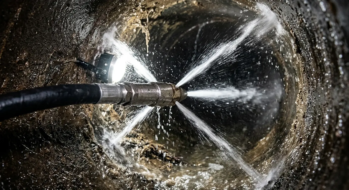 High-pressure hydro jetting nozzle cleaning sewer pipe for Emergency Drain Service in Edmonds