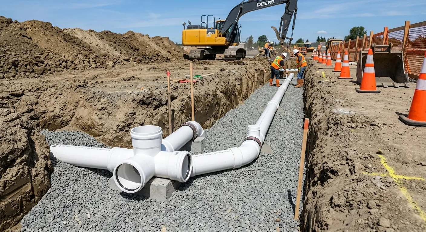 New PVC sewer pipe installation in open trench for Sewer Backup in Edmonds