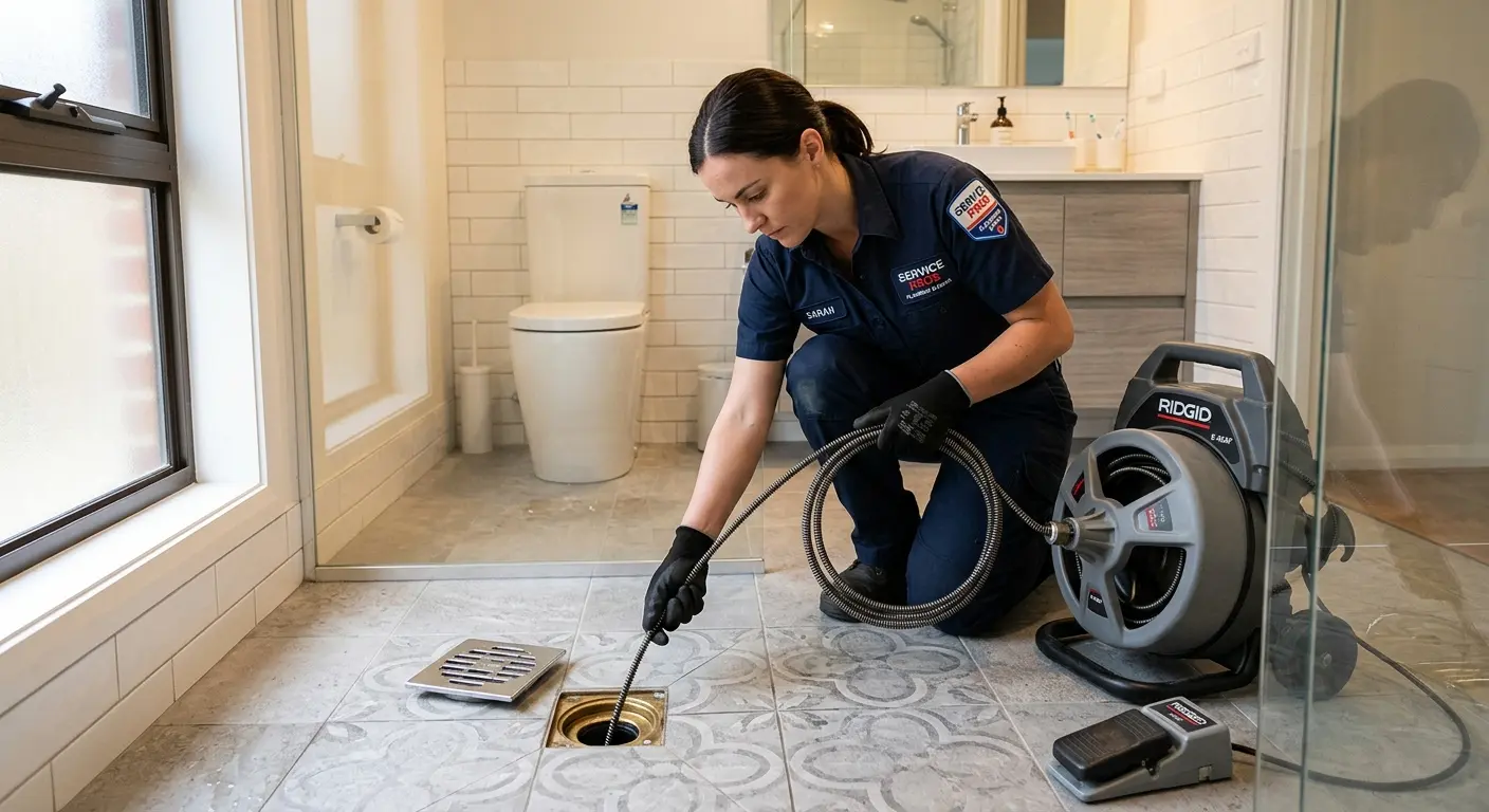 Technician clearing a bathroom floor drain for Sewer Line Replacement in Edmonds